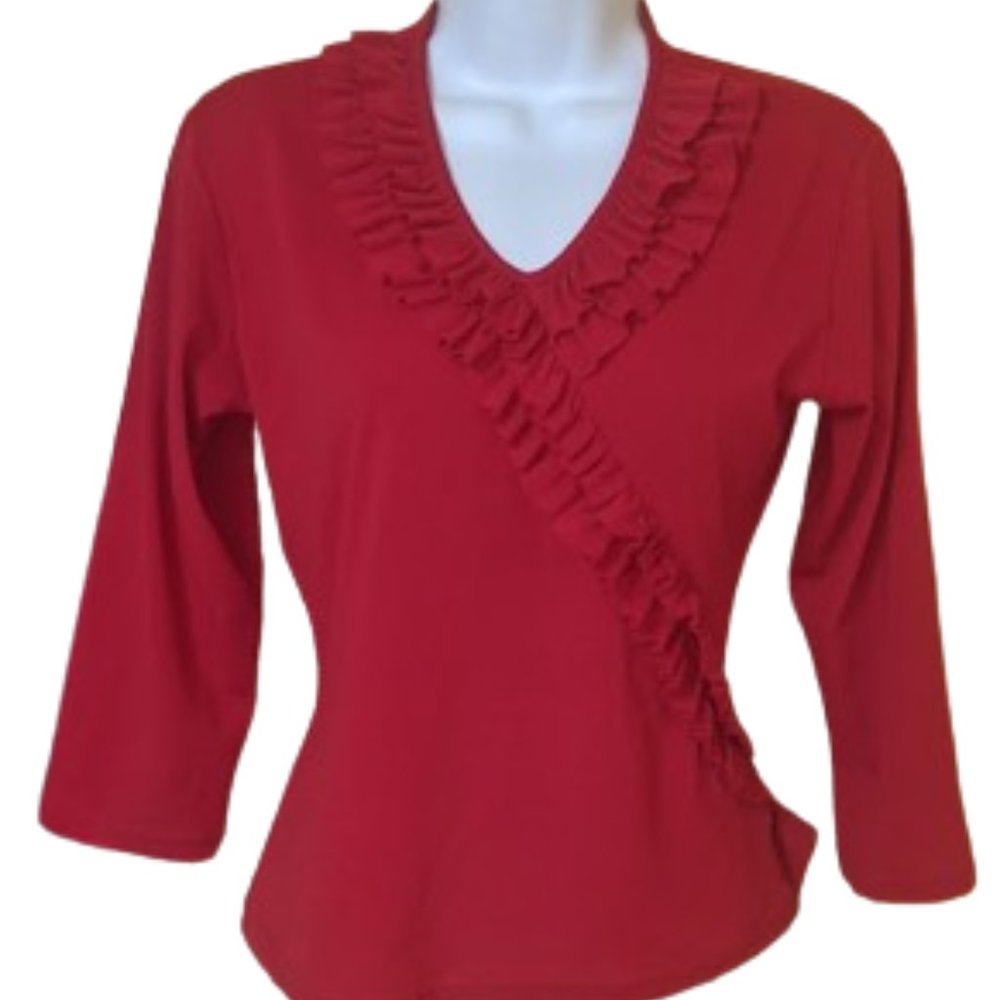 ---  Red Frilly Stretch Top Fits Medium